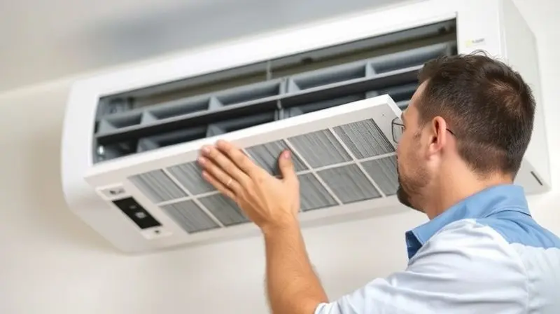 Técnico profissional realizando a manutenção preventiva e limpeza dos filtros de um ar-condicionado para garantir a eficiência.