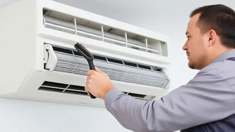 Técnico profissional realizando a manutenção preventiva e limpeza de um ar condicionado para garantir seu bom funcionamento e evitar problemas futuros.