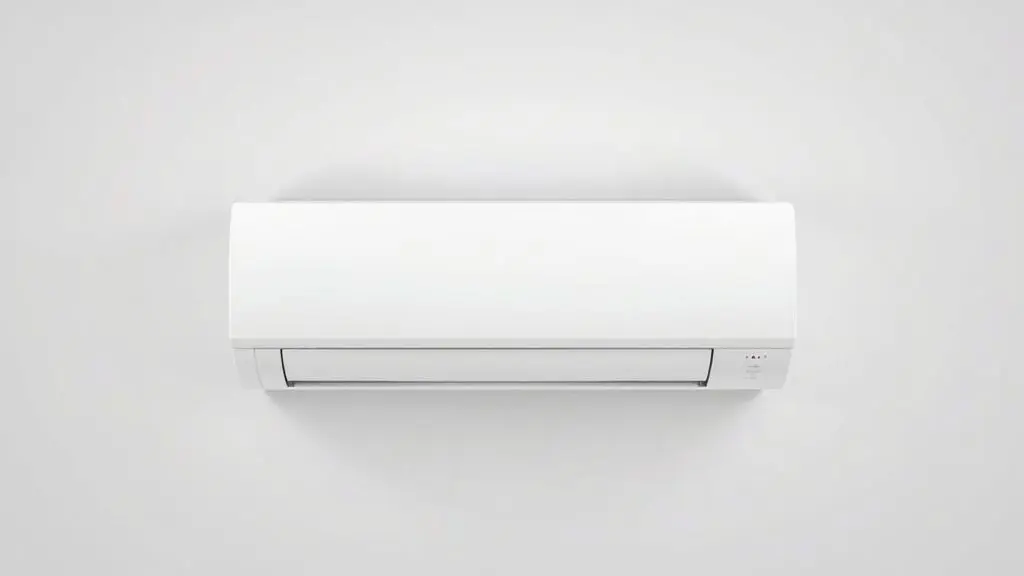 Ar-condicionado split branco moderno e sem marca, com design minimalista, em um fundo de estúdio claro, ilustrando a análise da marca EOS.