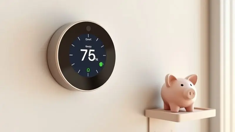 Um termostato inteligente exibindo baixo consumo de energia ao lado de um cofrinho, simbolizando o ar-condicionado mais econômico.