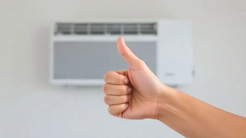 Mão fazendo um gesto de polegar para cima em frente a um ar condicionado, simbolizando a confiança e a confiabilidade da marca.