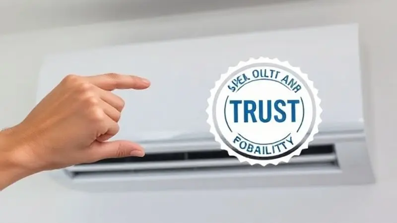 Selo de qualidade e confiança ao lado de um ar-condicionado, ilustrando se a marca Electrolux é boa e confiável para os consumidores.