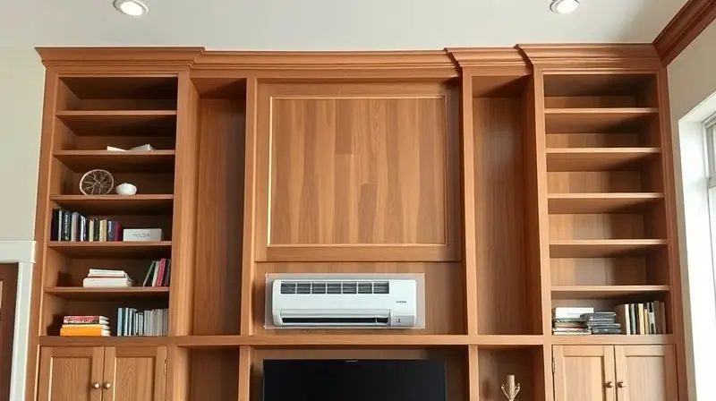 Móvel planejado de marcenaria, como uma estante, com um painel superior desenhado para integrar e ocultar a tubulação do ar-condicionado.