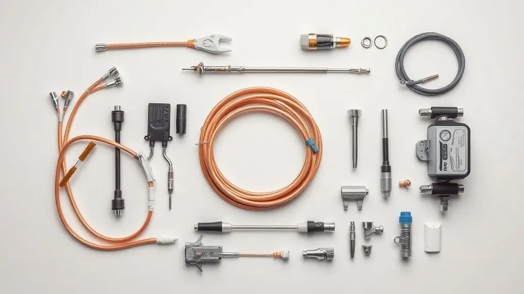 Kit completo de materiais e ferramentas para a instalação de ar condicionado split, organizado sobre uma superfície neutra, incluindo tubulação de cobre e bomba de vácuo.