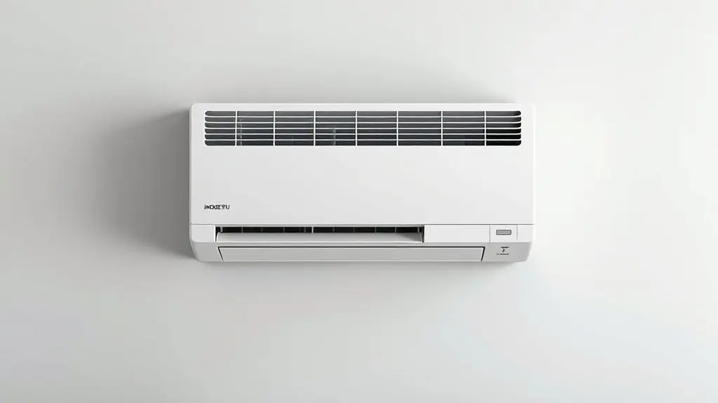 Um moderno aparelho de ar-condicionado 18.000 BTUs, branco e sem marca, instalado em uma parede cinza, simbolizando a escolha do melhor modelo.