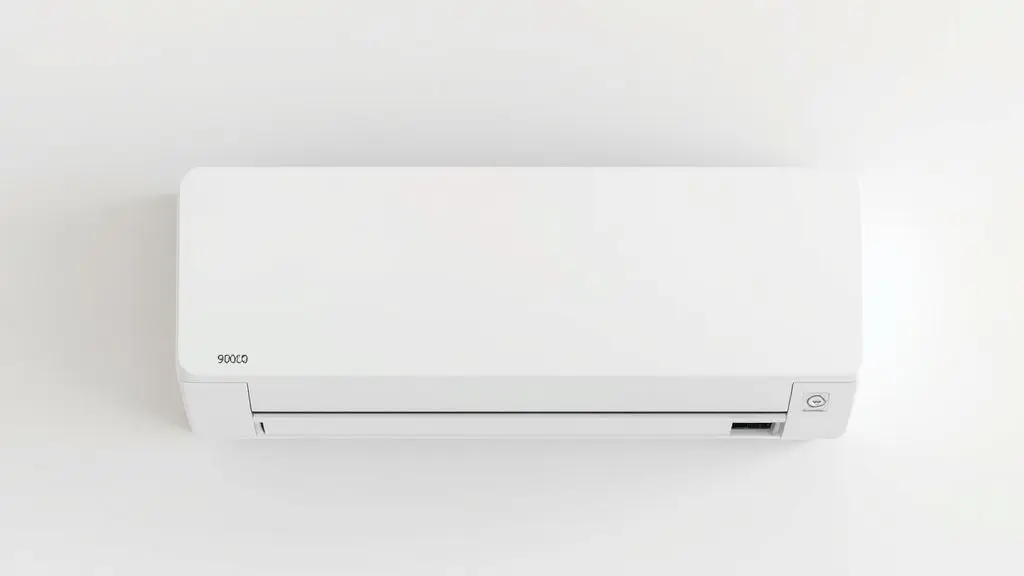 Um moderno aparelho de ar-condicionado 9000 BTUs branco, sem marca, visto de frente em um fundo de estúdio com iluminação profissional.