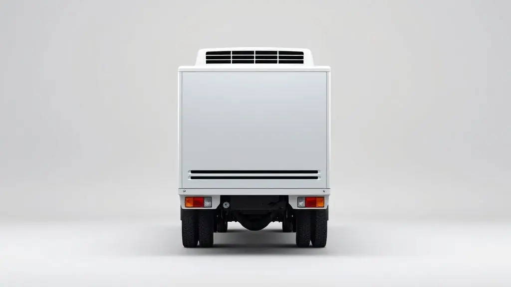 Um moderno ar condicionado elétrico 24v para caminhão, totalmente branco e sem marca, fotografado de frente em um estúdio com fundo cinza claro.