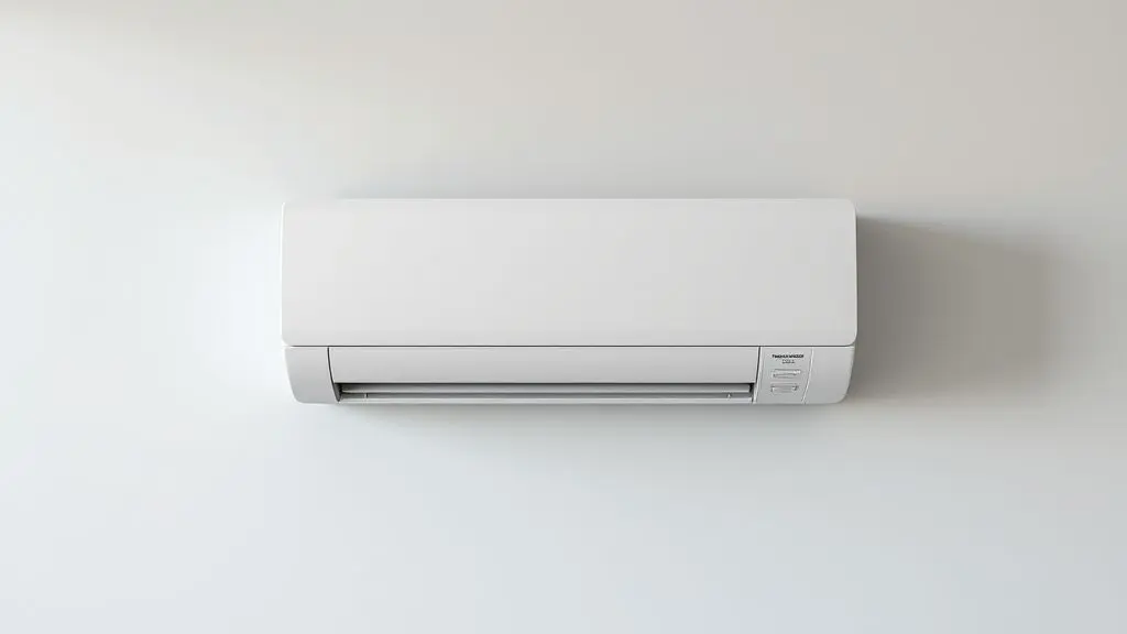 Um ar-condicionado inverter branco, moderno e sem marca, instalado em uma parede de cor neutra, representando a melhor tecnologia em climatização.