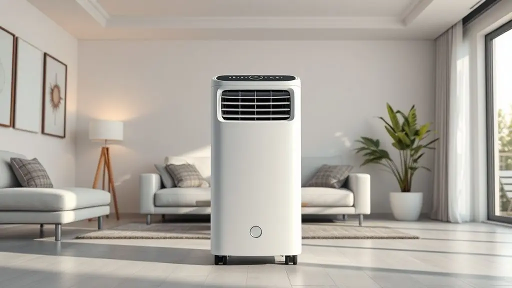 Um ar-condicionado portátil moderno e sem marca, posicionado centralmente em uma sala de estar, representando a análise dos melhores modelos.