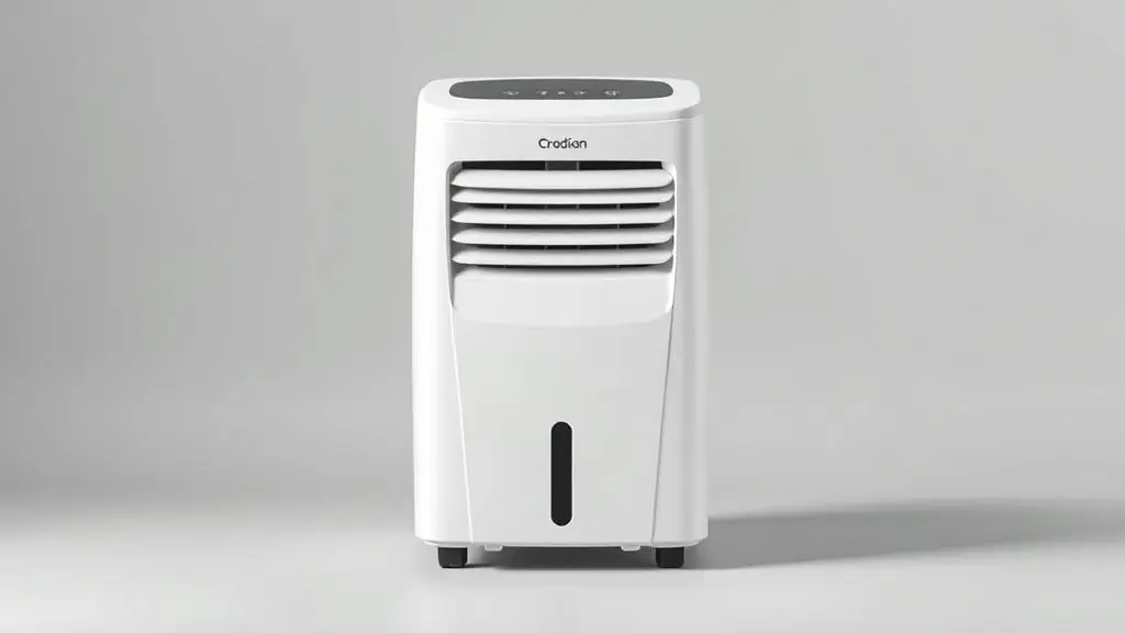 Um ar-condicionado portátil moderno e sem marca, na cor branca, fotografado em um estúdio com fundo neutro, representando os melhores modelos do mercado.