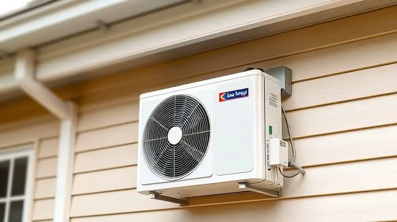 Unidade externa de ar condicionado, a condensadora, instalada em local ideal: ventilado, com sombra e de fácil acesso para manutenção na parede de uma casa.