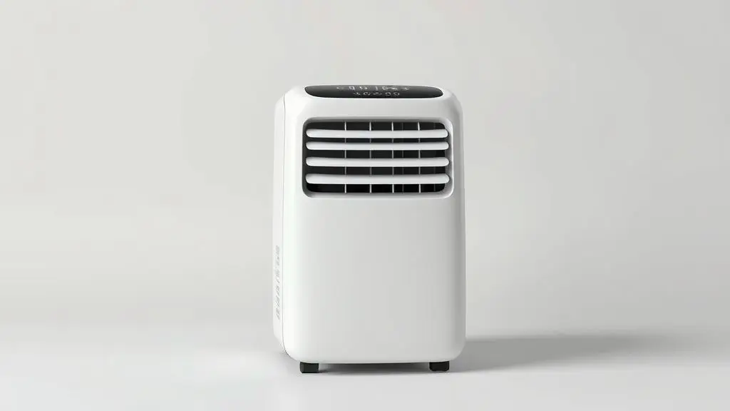 Um mini ar-condicionado portátil, moderno e branco, em destaque centralizado sob uma iluminação de estúdio profissional com fundo neutro.