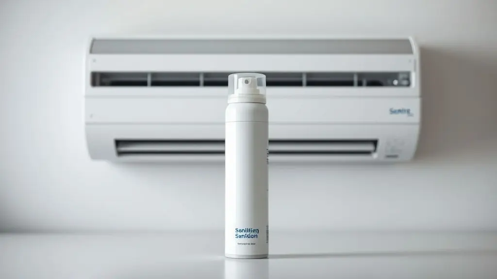 Lata de spray de um produto bactericida genérico posicionada na frente de um ar condicionado split limpo, ilustrando a higienização de aparelhos.