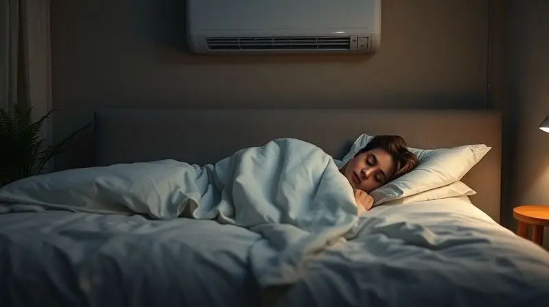 Pessoa dormindo profundamente em um quarto sereno com temperatura agradável, ilustrando o conforto térmico proporcionado pela função Sleep do ar-condicionado.