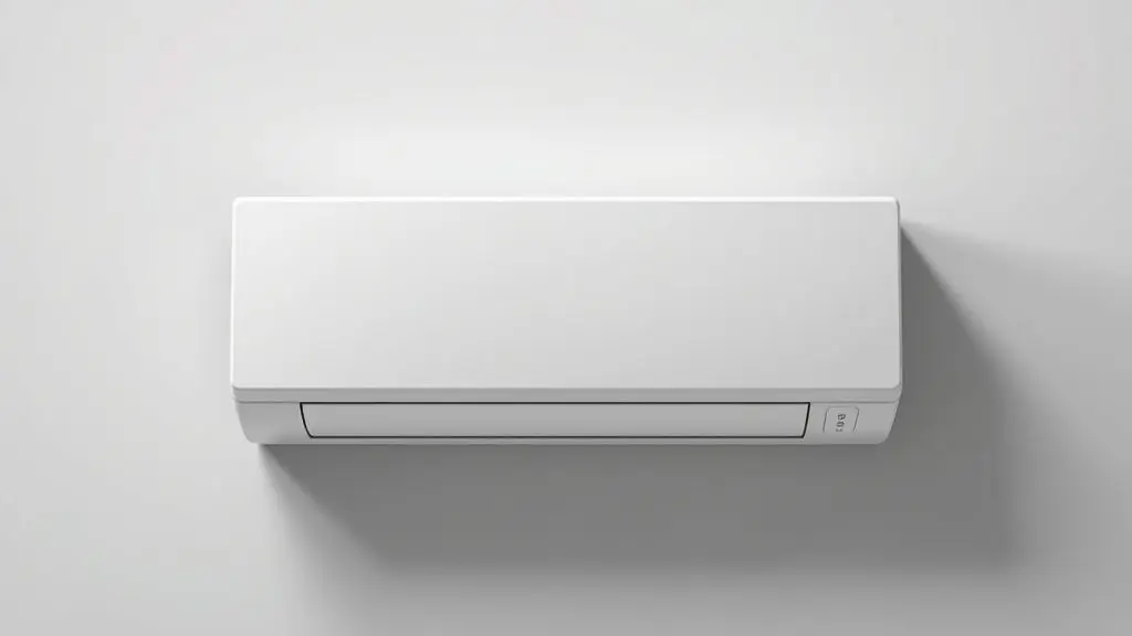Um moderno aparelho de ar-condicionado split branco, sem marca, centralizado em um fundo de estúdio, simbolizando os melhores aparelhos de 2025.