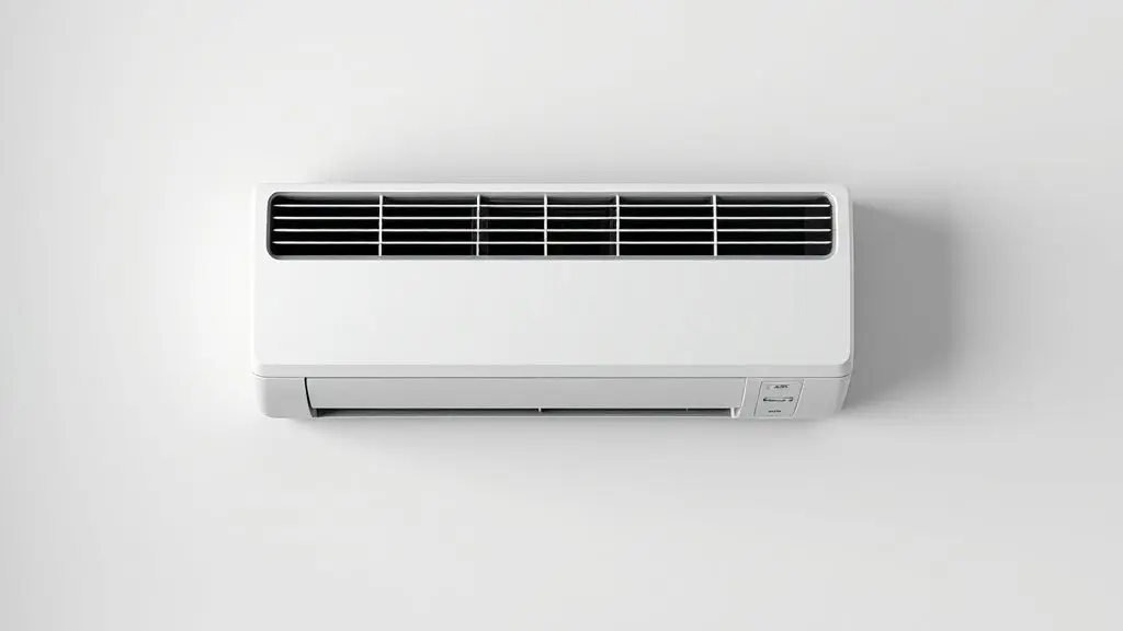 Um ar-condicionado split hi wall branco e moderno, sem marca, instalado em uma parede de cor neutra, representando a tecnologia e design da Elgin.