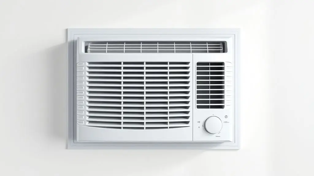 Um moderno ar-condicionado de janela branco sem marca, visto de frente em um fundo neutro, representando os melhores modelos do mercado.