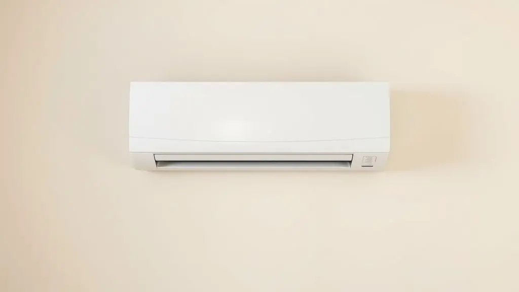 Um moderno ar-condicionado split branco instalado na parede de um quarto tranquilo, representando os melhores modelos para climatização e conforto.