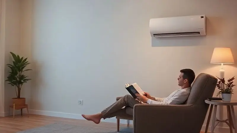 Ambiente sereno com uma pessoa lendo um livro em uma poltrona confortável, ilustrando o conforto e o silêncio proporcionados por um ar-condicionado Inverter.