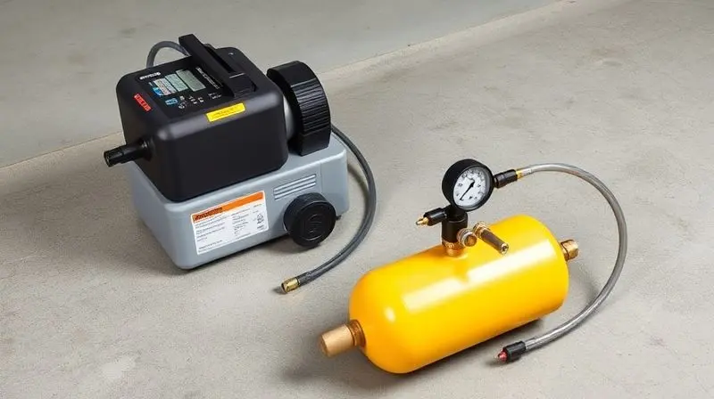 Equipamento completo para recolher o gás de ar-condicionado para uma botija externa, incluindo a máquina de recolhimento e manômetros.