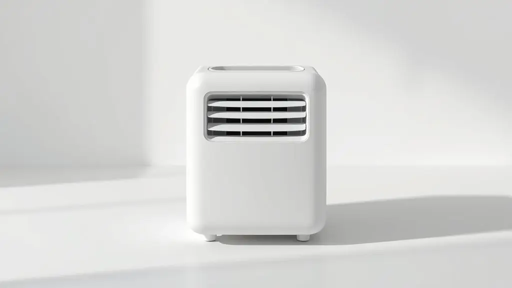 Um mini ar-condicionado portátil moderno e branco, sem marca, centralizado em uma foto de estúdio com fundo neutro e iluminação profissional.