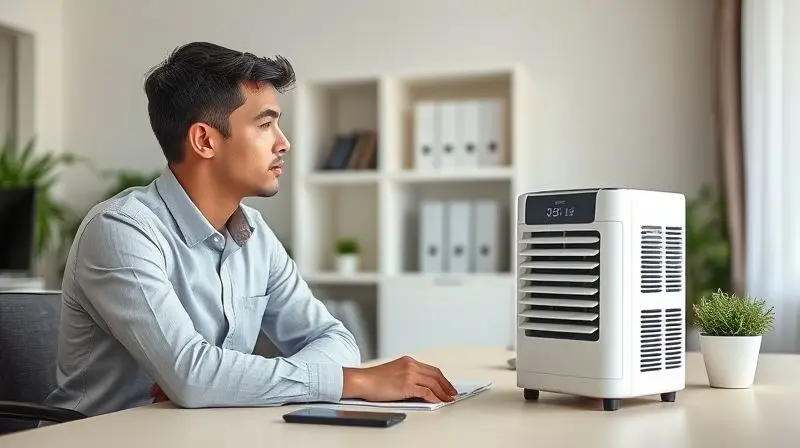 Pessoa com expressão pensativa olhando para um mini ar-condicionado portátil sobre a mesa, ponderando se o investimento no aparelho vale a pena.