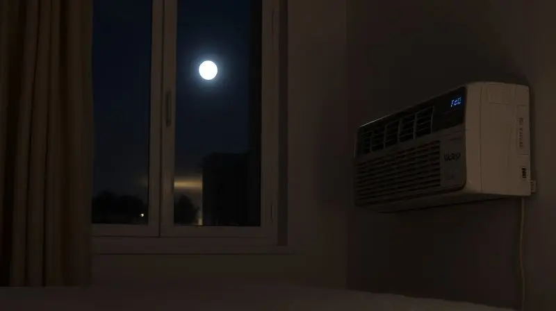 Quarto tranquilo à noite com um ar-condicionado operando no modo Sleep, garantindo uma noite de sono confortável e econômica.
