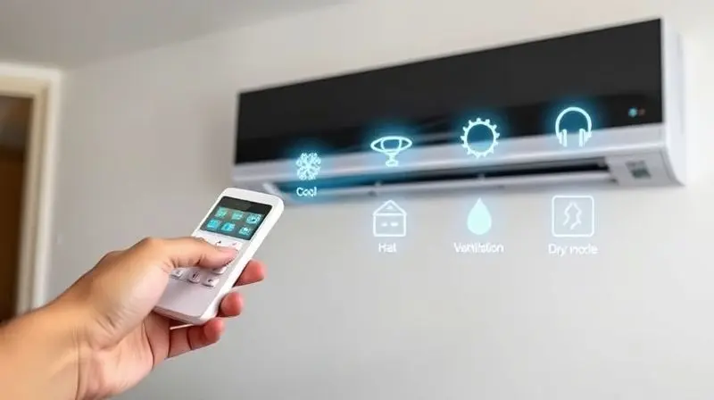 Mão segurando um controle remoto com ícones dos modos de operação do ar-condicionado (refrigeração, aquecimento, ventilação e desumidificação) em destaque.