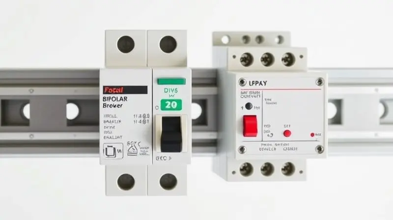 Um disjuntor bipolar e um dispositivo DR instalados lado a lado em um trilho DIN, mostrando os componentes essenciais para a proteção completa do circuito.