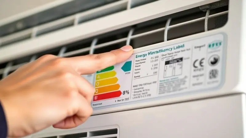 Pessoa analisando um selo de eficiência energética em um ar-condicionado, representando o que avaliar antes de comprar um aparelho Hitachi.