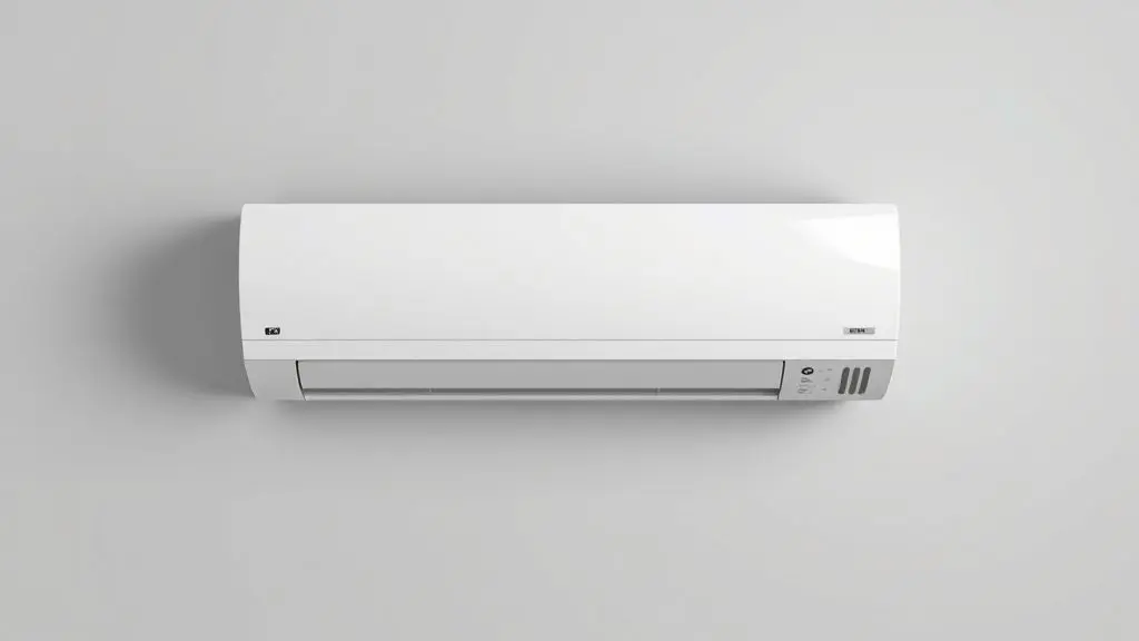 Um ar-condicionado split moderno e branco, sem marca, visto de frente em um fundo neutro, representando a tecnologia de climatização residencial.