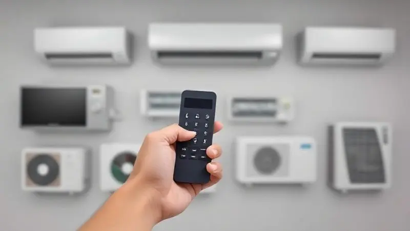 Mão de uma pessoa segurando um controle remoto universal moderno, com vários modelos de ar-condicionado desfocados ao fundo, ilustrando o conceito.