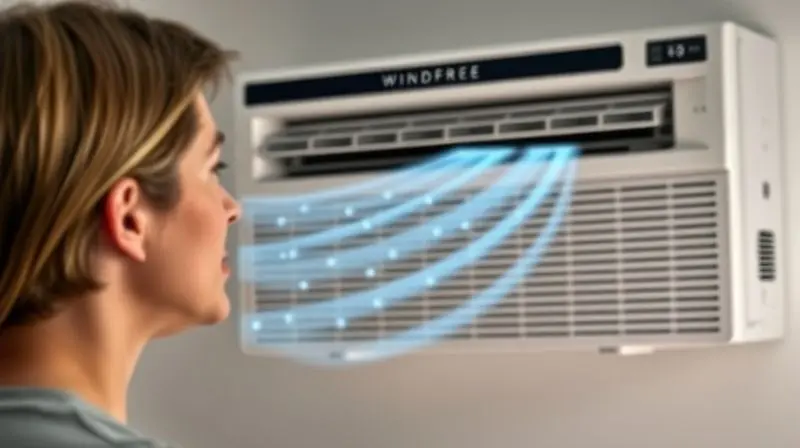 Uma pessoa fazendo uma pergunta para um assistente virtual sobre a tecnologia WindFree da Samsung, com o ar-condicionado ao fundo.