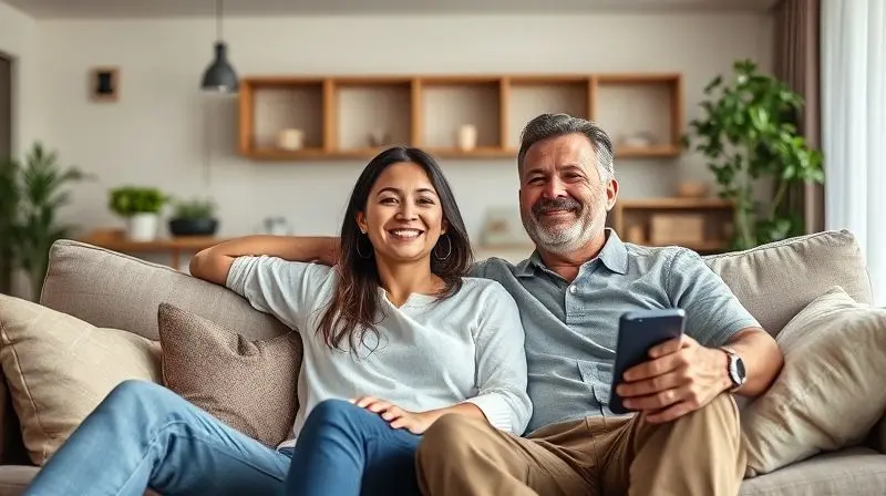 Casal sorrindo e relaxando confortavelmente em um sofá em uma sala de estar moderna e bem climatizada, representando a satisfação do consumidor.