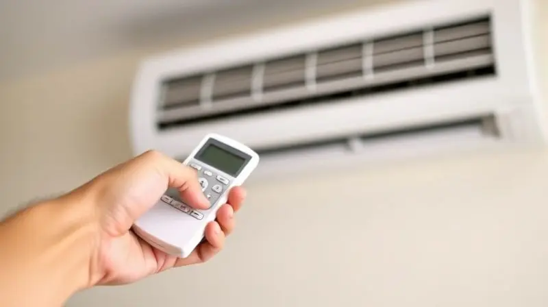 Pessoa sorrindo enquanto ajusta a temperatura com o controle remoto, demonstrando a facilidade de uso e a experiência positiva com o ar-condicionado.
