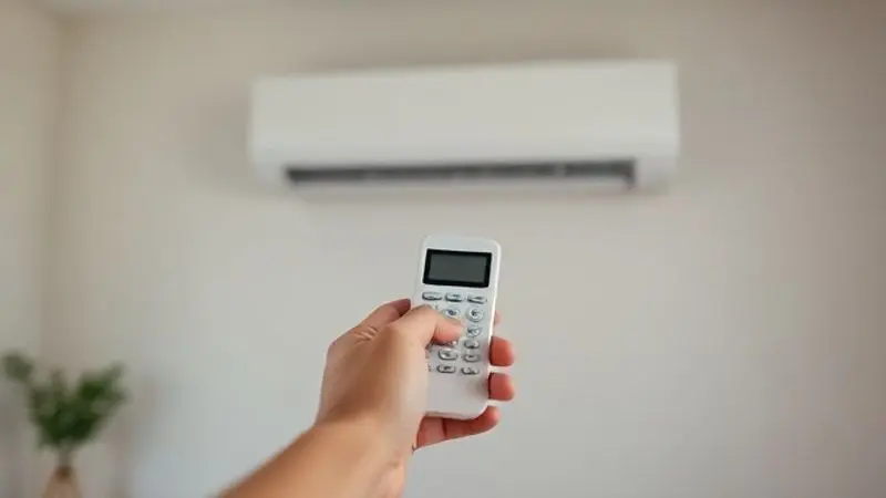 Mão de uma pessoa segurando um controle remoto e apontando para um ar-condicionado, ilustrando o passo a passo geral para desligar a luz do display.