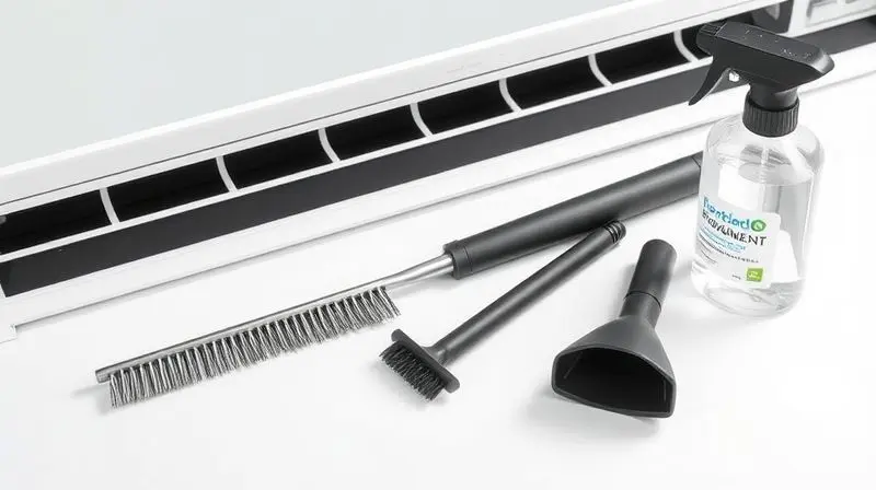 Ferramentas organizadas para limpar o dreno do ar-condicionado, incluindo escova fina e aspirador, prontas para o passo a passo.