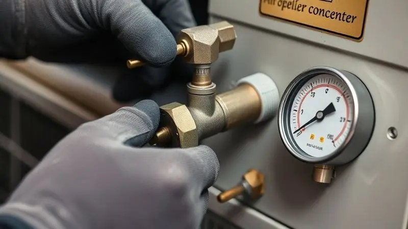 Técnico especialista usando uma chave Allen para fechar a válvula de serviço da condensadora, um passo crucial para recolher o gás do ar-condicionado.