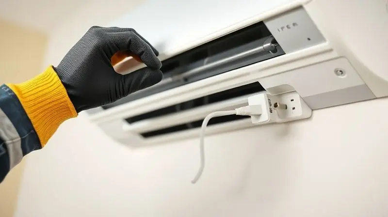 Mão de uma pessoa usando luvas de segurança desligando o ar-condicionado da tomada de energia elétrica antes de iniciar a desinstalação.