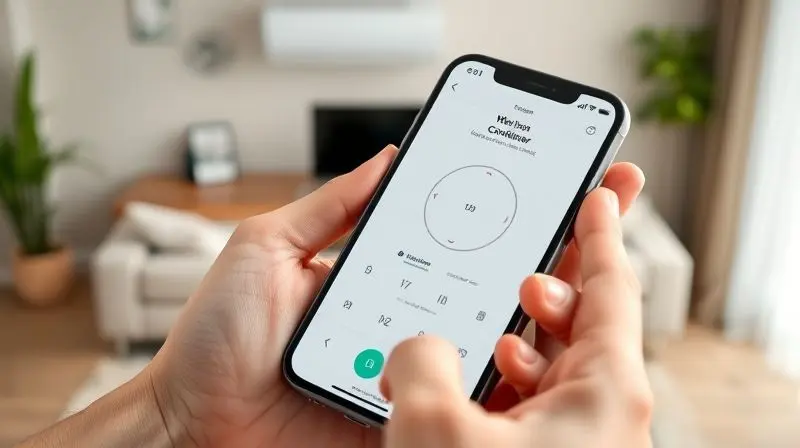 Pessoa usando um aplicativo de smartphone para controlar as funções de um ar-condicionado, ilustrando a seção de perguntas frequentes e facilidade de uso.