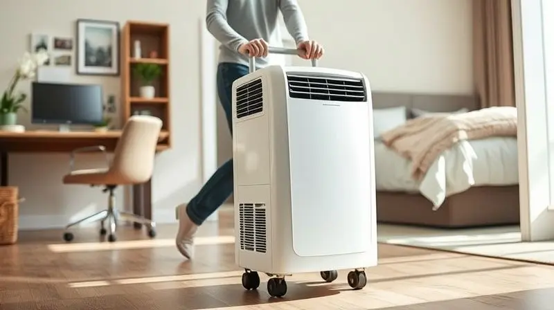 Pessoa movendo um ar-condicionado portátil entre cômodos, demonstrando a praticidade e flexibilidade do aparelho em comparação com um modelo split.