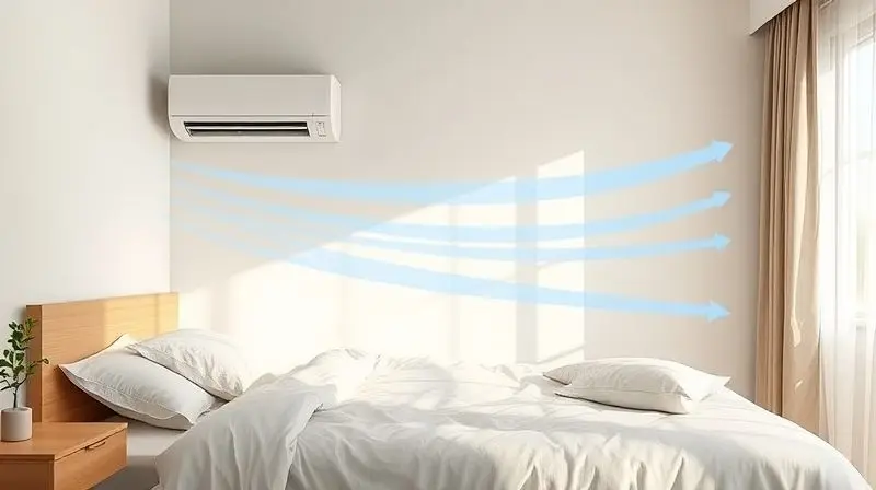 Esquema visual da posição ideal do ar condicionado no quarto, com o fluxo de ar circulando ao lado da cama para não soprar o vento diretamente na pessoa.