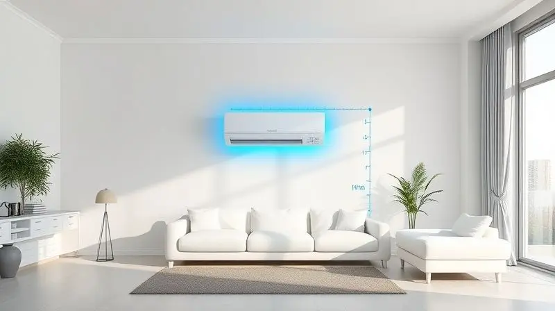 Ilustração de uma sala de estar com linhas de medição para mostrar como calcular a potência em BTUs ideal para o ar-condicionado do ambiente.