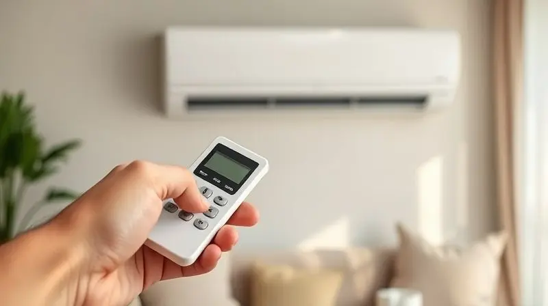 Mão segurando um controle remoto e apontando para um ar condicionado, ilustrando as principais características e funcionalidades do aparelho Conforterm.