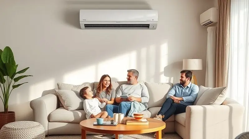 Cena de uma família desfrutando de um ambiente climatizado e confortável em sua sala de estar, ilustrando as vantagens de um ar-condicionado Hitachi.