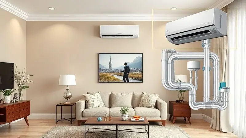 Comparativo visual de uma parede de sala de estar com tubulação de ar-condicionado aparente e outra com acabamento perfeito e canos escondidos.