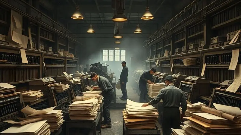Cena de uma gráfica de 1902 com papel enrugado pela umidade, ilustrando o problema que levou à criação do ar-condicionado.