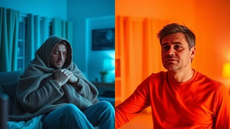 Comparativo visual de uma pessoa com frio e outra com calor, simbolizando os problemas de um ar-condicionado com potência de BTUs errada.