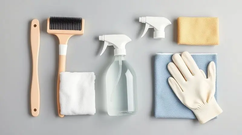 Kit de ferramentas e produtos para limpeza de ar-condicionado, incluindo escova, borrifador e panos, organizados sobre uma superfície neutra.