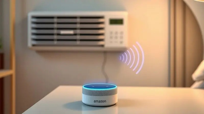 Um alto-falante inteligente como a Alexa em uma mesa de cabeceira, com ondas sonoras estilizadas indicando um comando de voz para o ar-condicionado ao fundo.